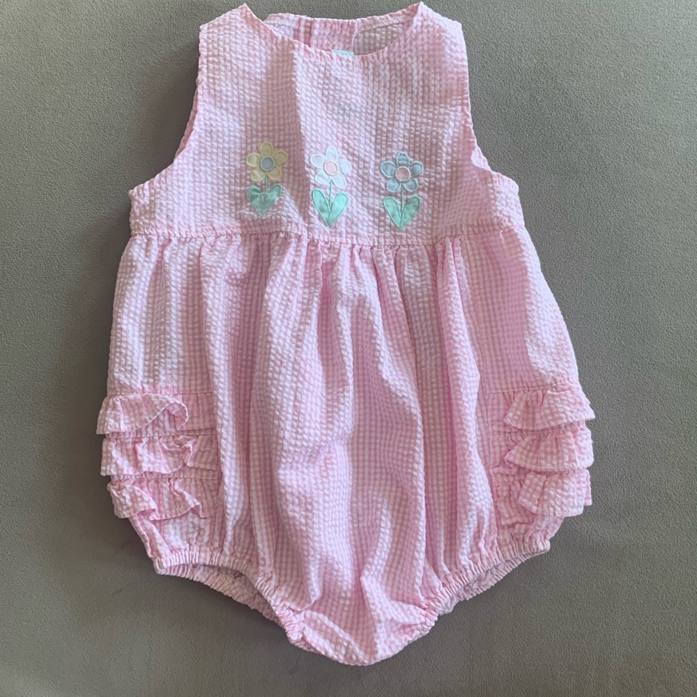 Vintage Pink Seersucker Floral Bubble Romper
